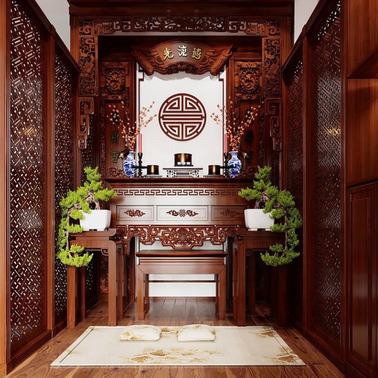Mẫu thiết kế phòng thờ hoa văn tinh xảo dành cho nhà ống, nhà phố.