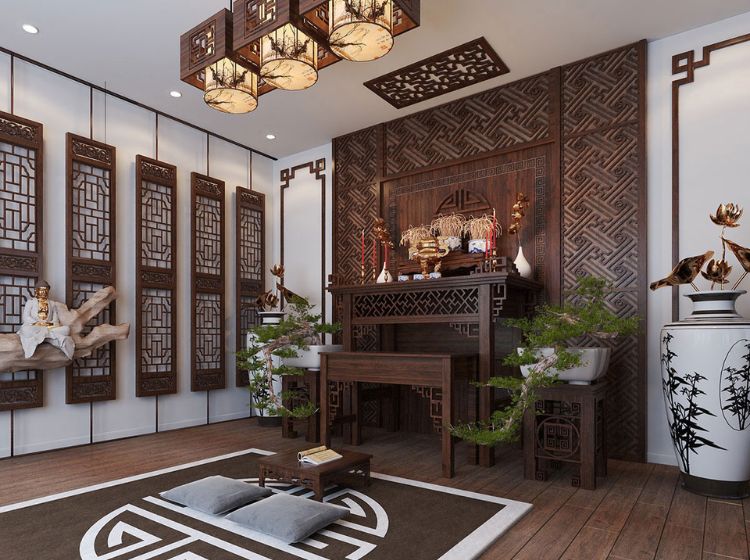 Mẫu thiết kế nội thất phòng thờ với hoa văn chạm trổ tinh tế, cầu kỳ.