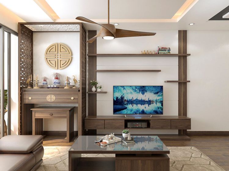 Thiết kế phòng thờ chung cư có bàn thờ đừng chạm khắc hoa văn tỉ mỉ gắn liền với phong cách của người Việt.
