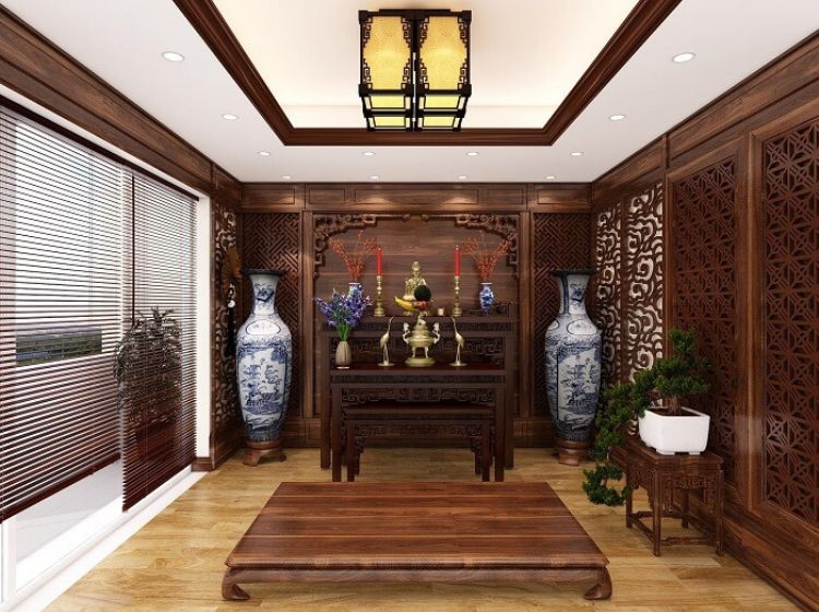 Thiết kế phòng thờ sử dụng vách ngăn với phòng khách.