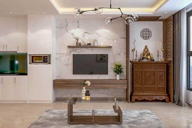 mẫu phòng khách kết hợp với phòng thờ 7