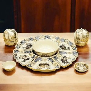Bộ Bát Đĩa Mặt Trời Gốm Chu Đậu Vẽ Vàng BTĐ564